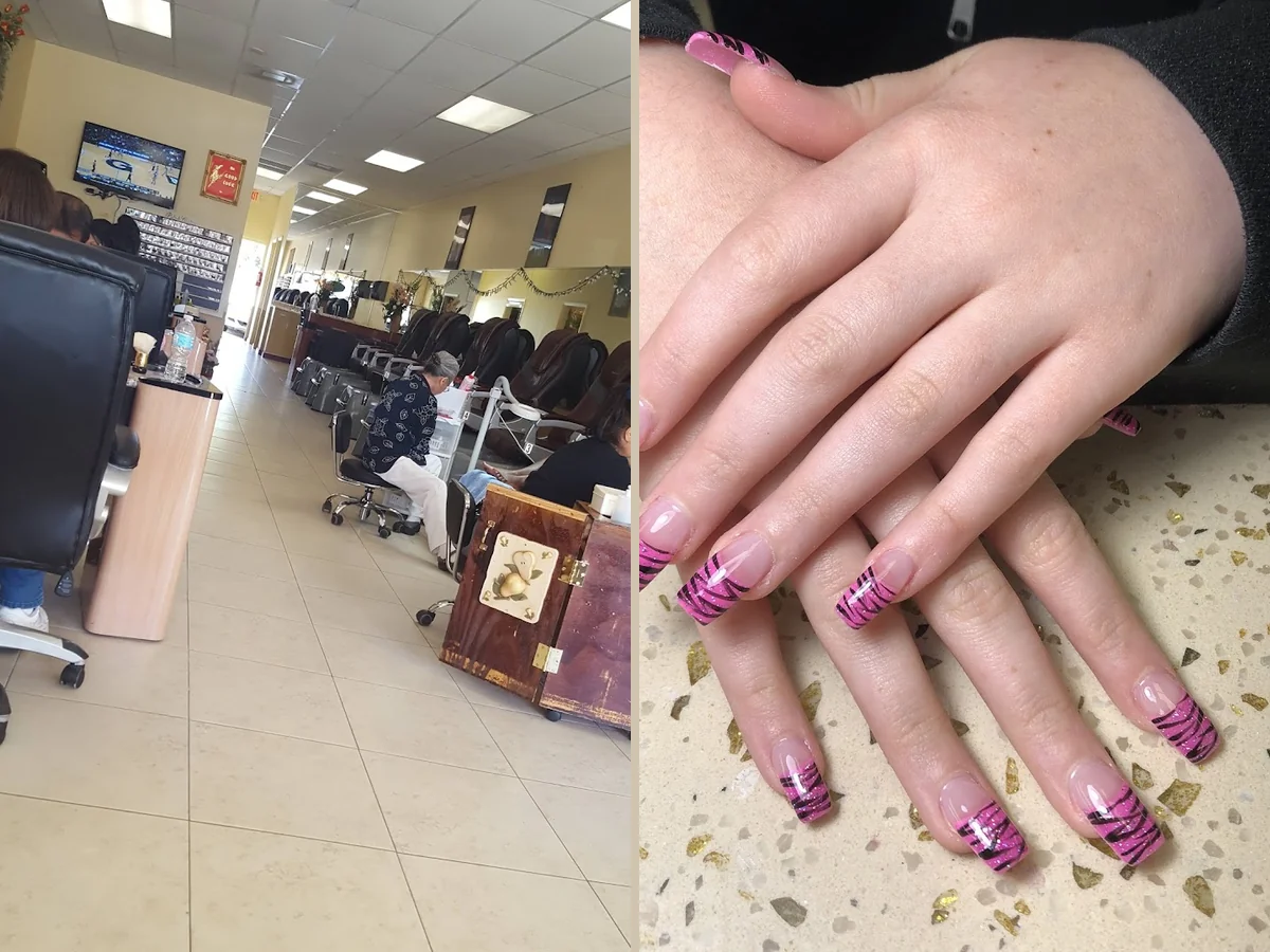 Nail salon interior with manicure stations.
